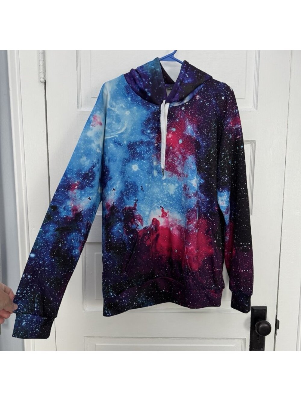 Galaxy Space Print Pullover Hoodie Kangaroo Pocket XXL Blue Purple Unisex